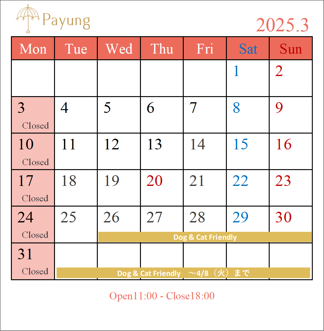 2025年3月Payung営業日